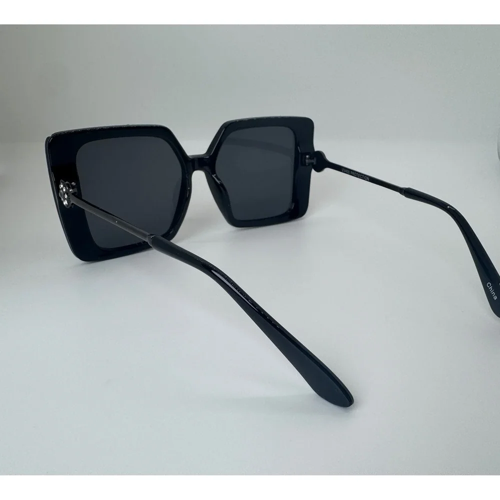 Womens Oversized Square Sunglasses Black Rhinestone Studded UV400 Protection